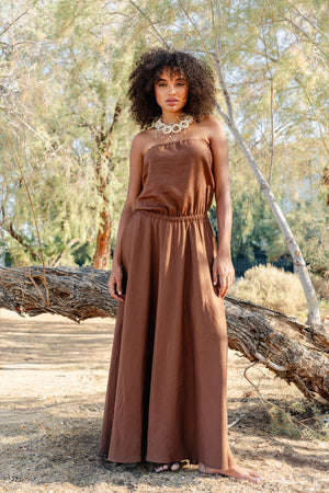 Dune Strapless Linen Dress Brown