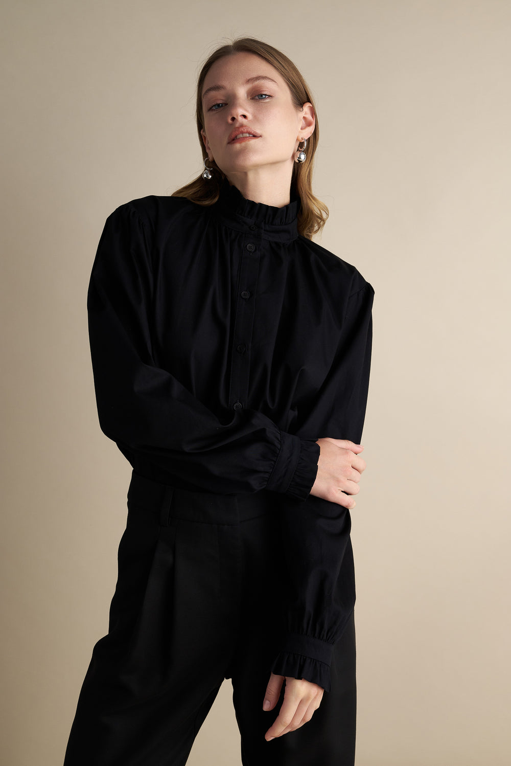 Voluminous Sleeve Ruffle Blouse Black