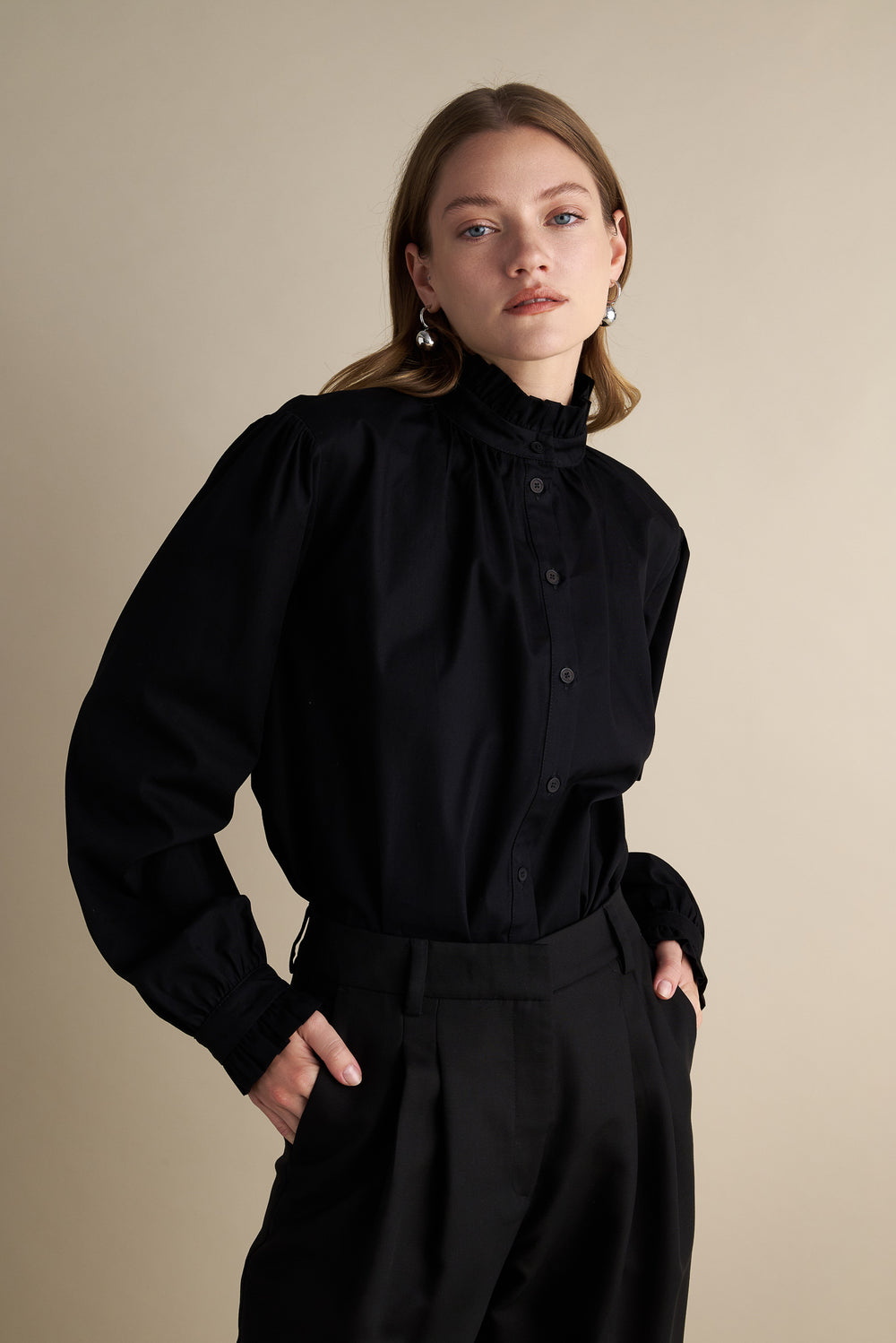 Voluminous Sleeve Ruffle Blouse Black
