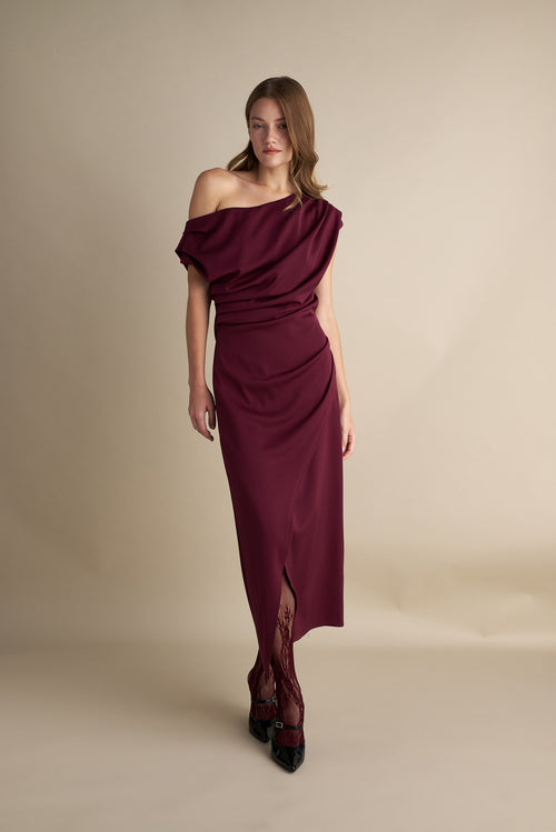 Drape Off Shoulder Midi Dress Wine