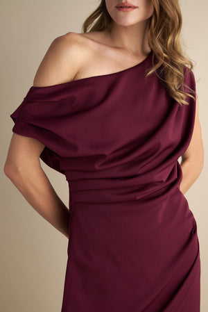 Drape Off Shoulder Midi Dress Wine