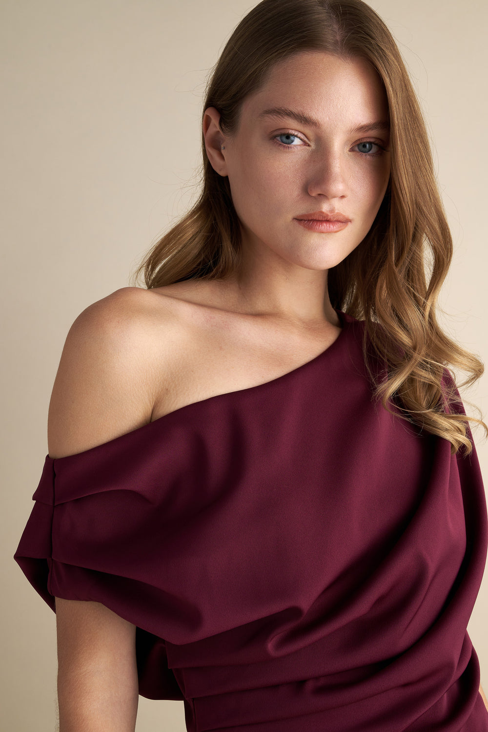 Drape Off Shoulder Midi Dress Wine