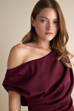 Drape Off Shoulder Midi Dress Wine