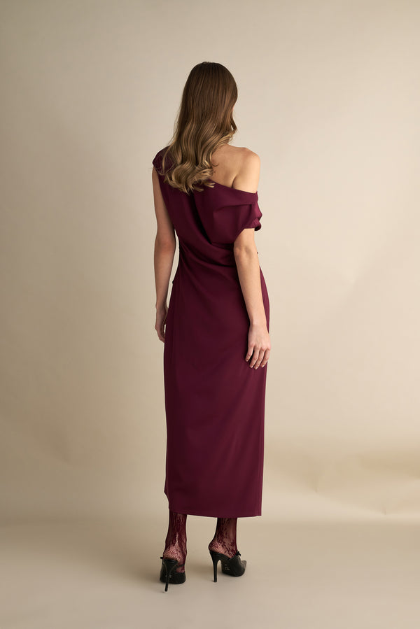 Drape Off Shoulder Midi Dress Wine