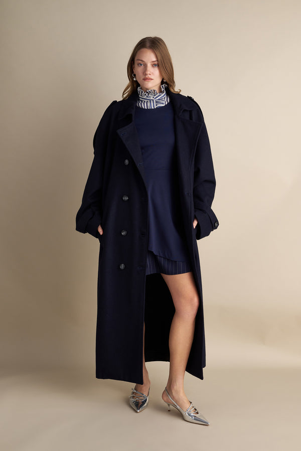 Wool Blend Trench with Cape Detail Dark Blue