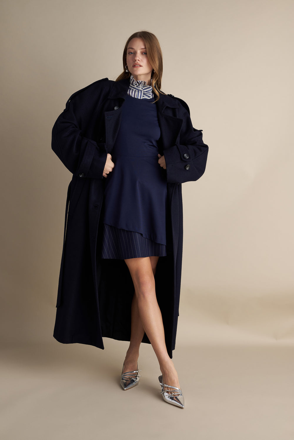 Wool Blend Trench with Cape Detail Dark Blue