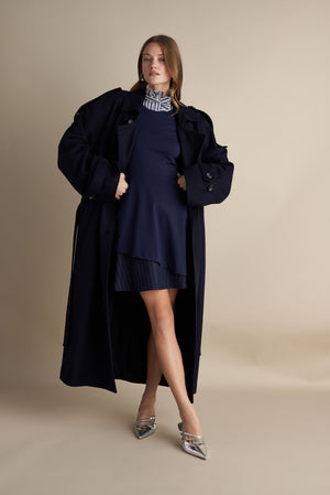 Wool Blend Trench with Cape Detail Dark Blue