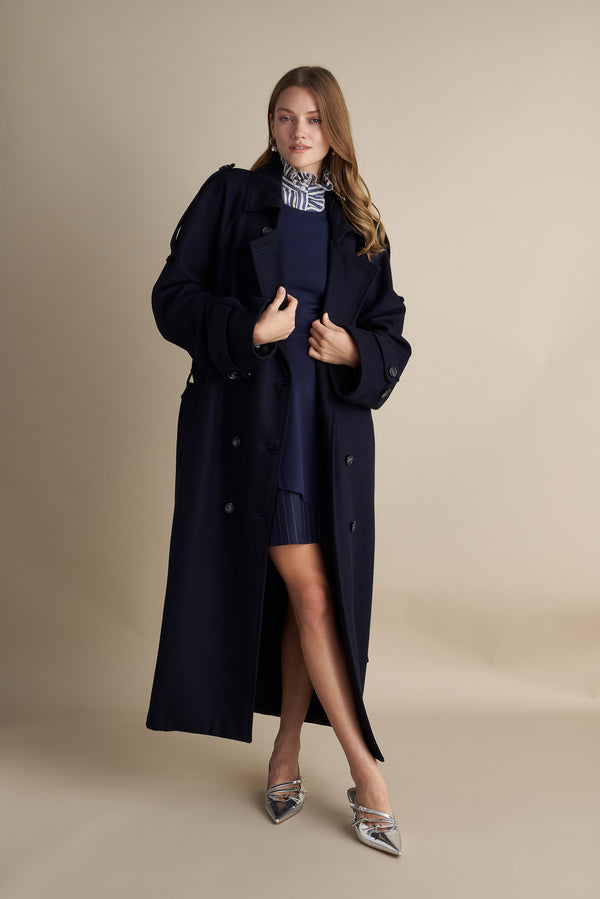 Wool Blend Trench with Cape Detail Dark Blue