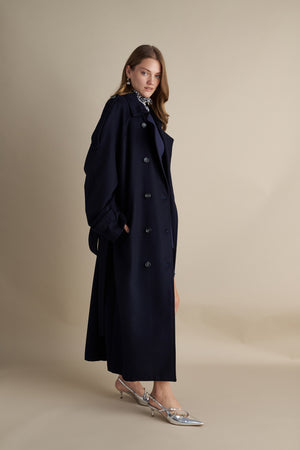 Wool Blend Trench with Cape Detail Dark Blue