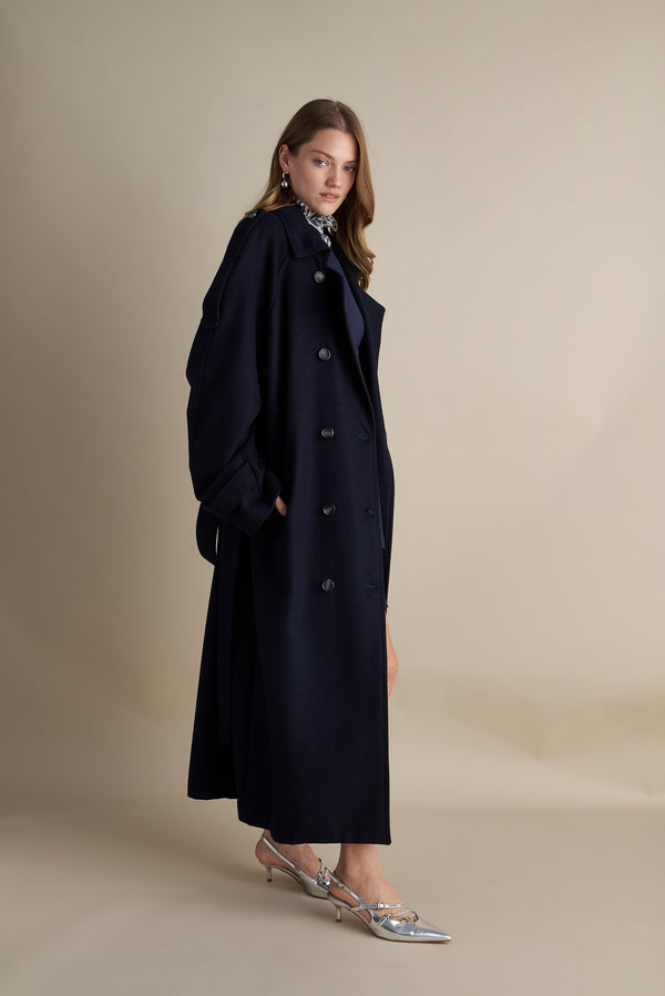 Wool Blend Trench with Cape Detail Dark Blue