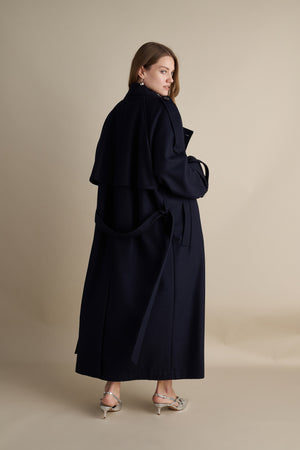 Wool Blend Trench with Cape Detail Dark Blue
