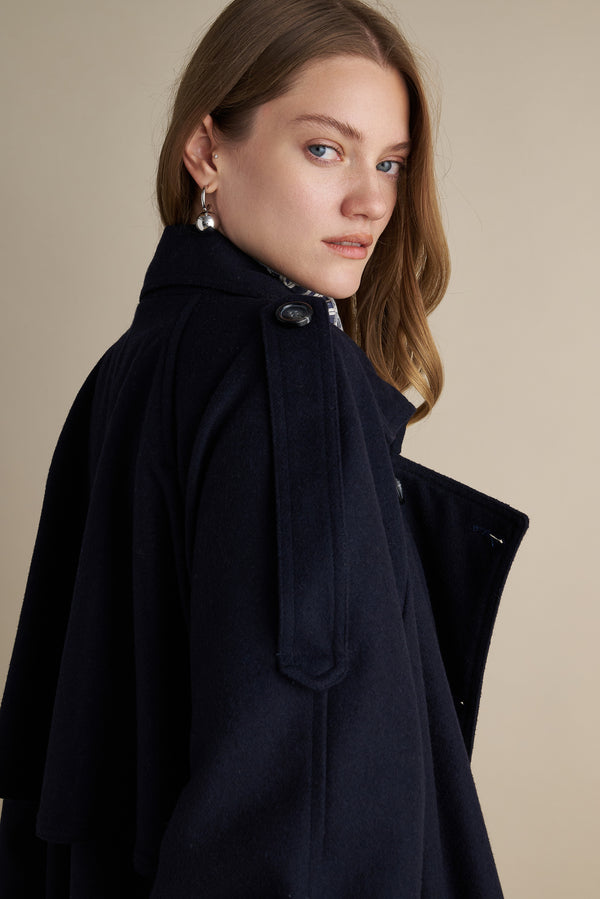 Wool Blend Trench with Cape Detail Dark Blue