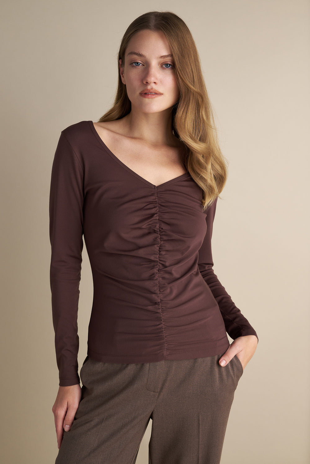V-Neck Long Sleeve Top With Rushed  Front Design Brown