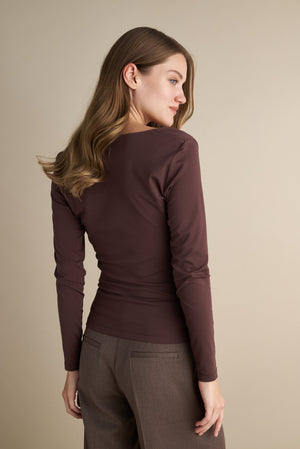 V-Neck Long Sleeve Top With Rushed  Front Design Brown