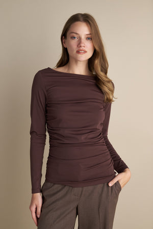 Long Sleeve Top With Side Rushed Details Brown