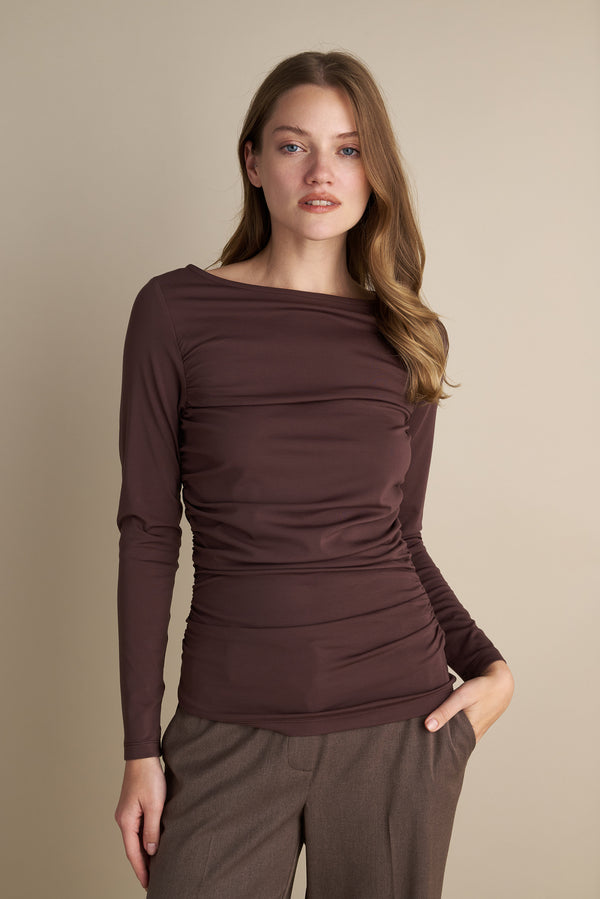Long Sleeve Top With Side Rushed Details Brown