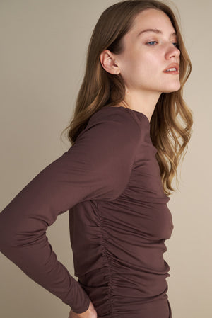 Long Sleeve Top With Side Rushed Details Brown