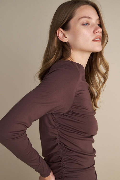 Long Sleeve Top With Side Rushed Details Brown