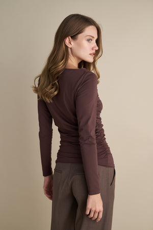 Long Sleeve Top With Side Rushed Details Brown