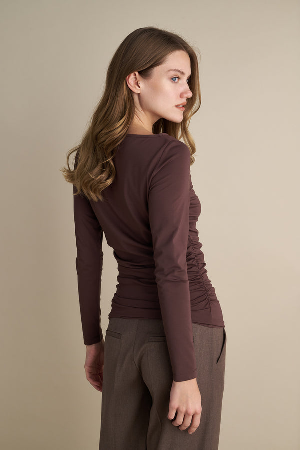 Long Sleeve Top With Side Rushed Details Brown