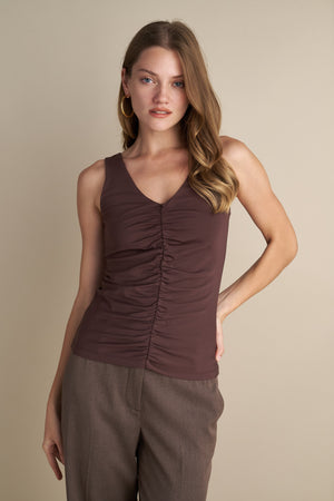 Sleeveless V-Neck Top With Rushed Center Design Brown
