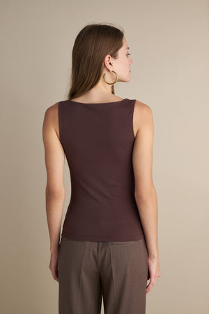 Sleeveless V-Neck Top With Rushed Center Design Brown