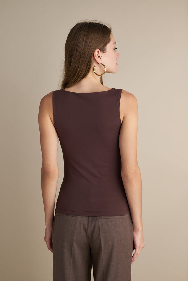 Sleeveless V-Neck Top With Rushed Center Design Brown