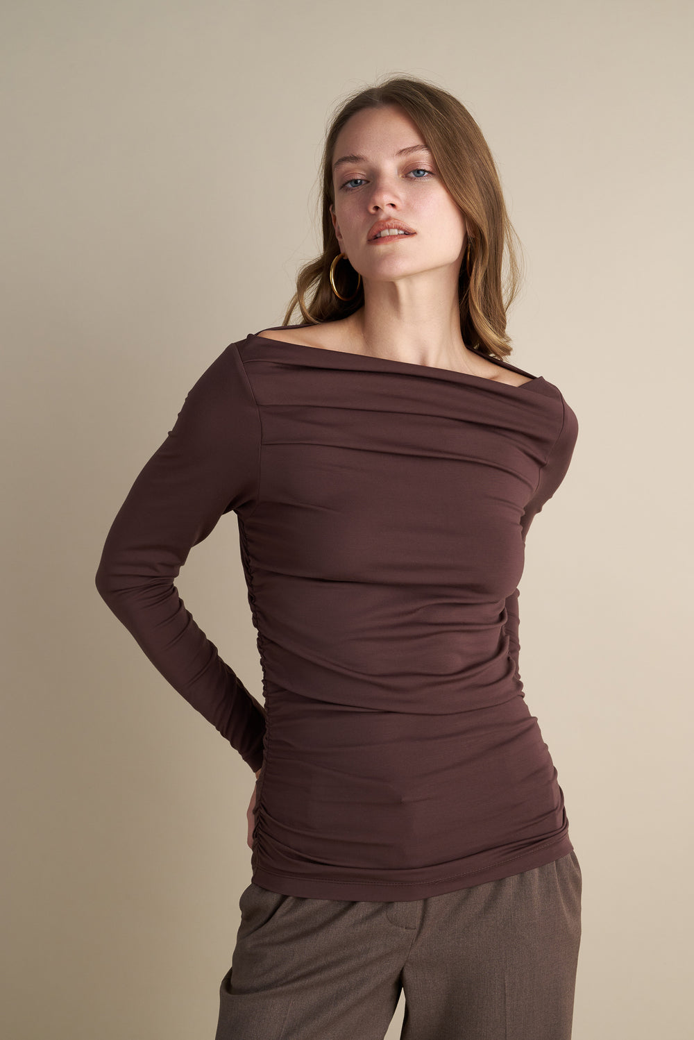 Long Sleeve Top With Pleat Neckline Details Brown