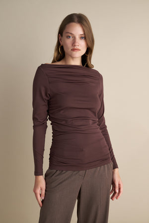 Long Sleeve Top With Pleat Neckline Details Brown