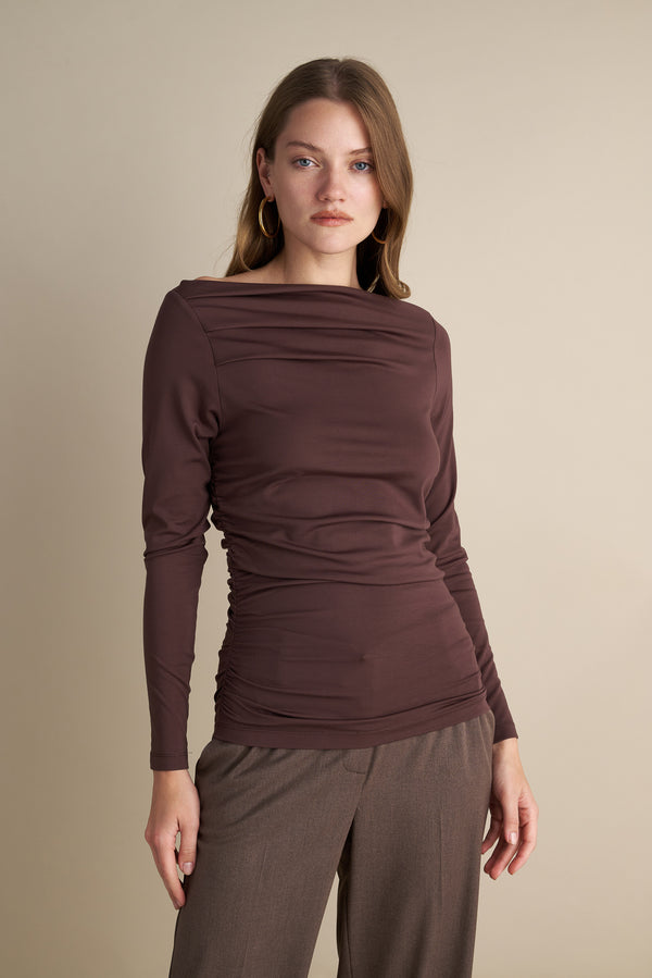 Long Sleeve Top With Pleat Neckline Details Brown