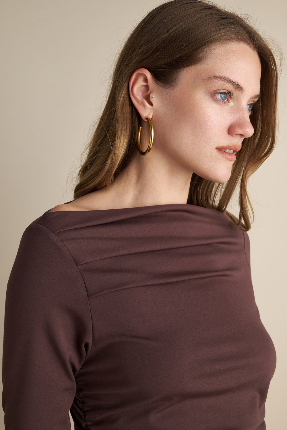 Long Sleeve Top With Pleat Neckline Details Brown