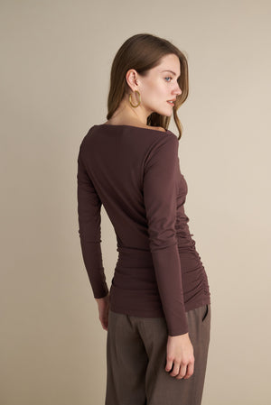 Long Sleeve Top With Pleat Neckline Details Brown