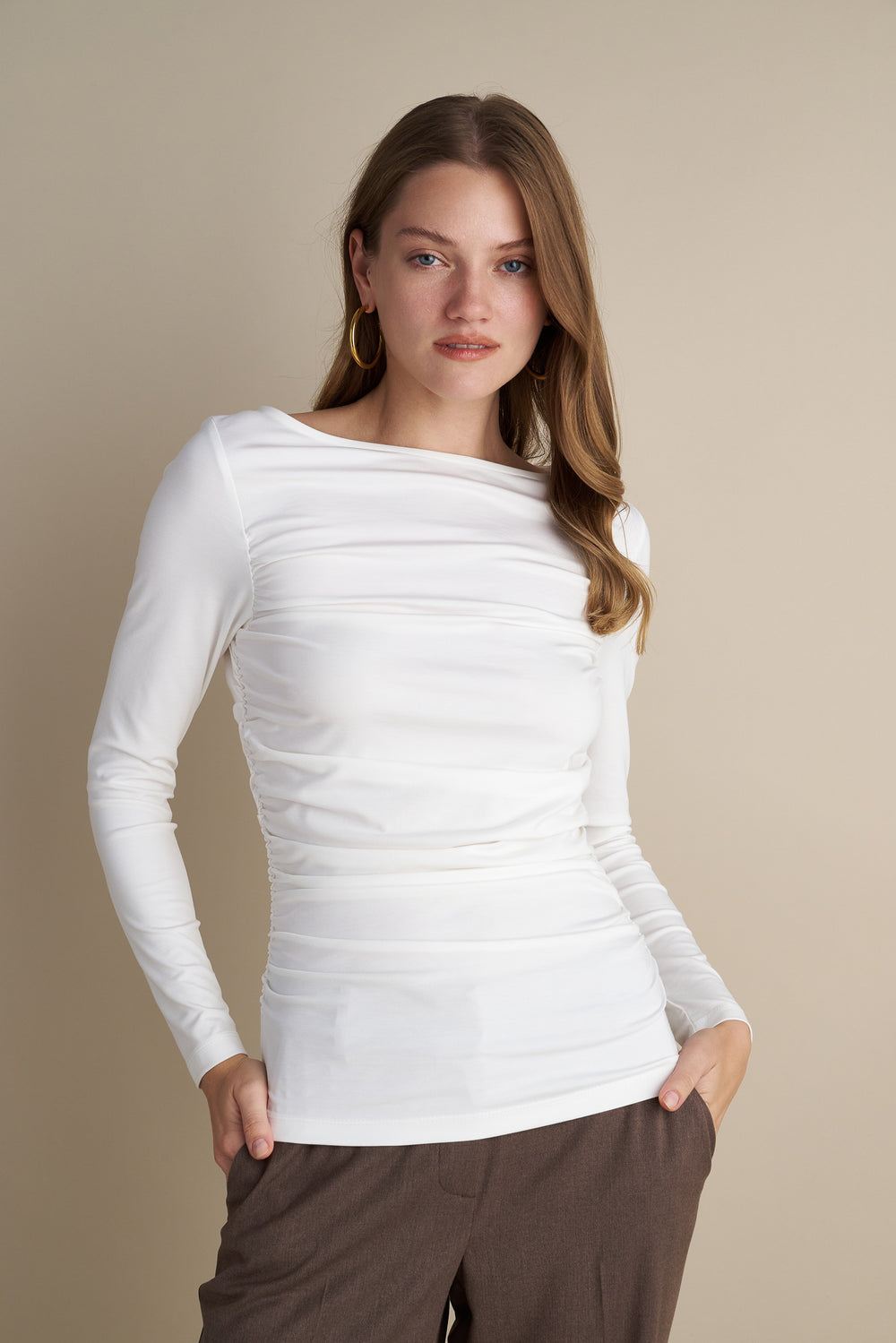 Long Sleeve Top With Side Rushed Details White