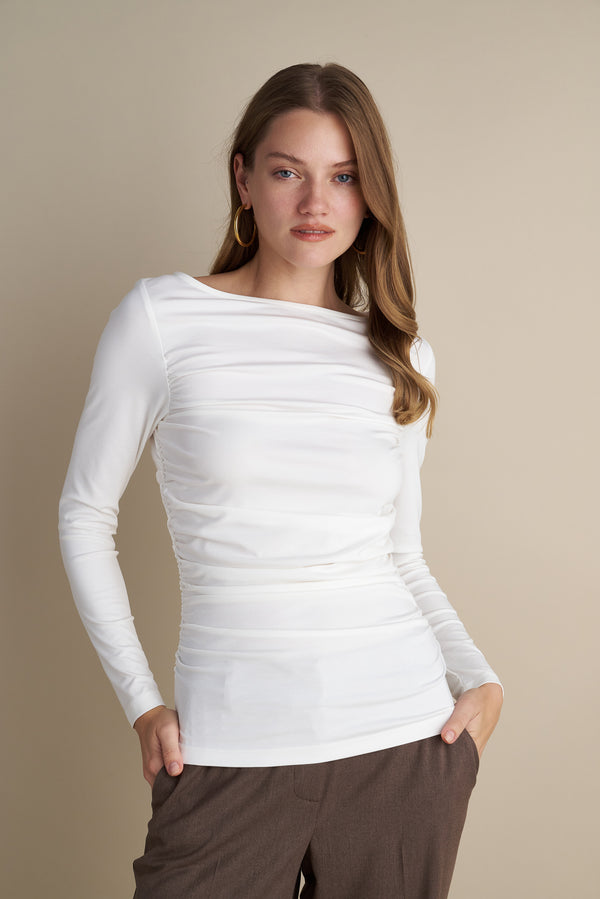 Long Sleeve Top With Side Rushed Details White