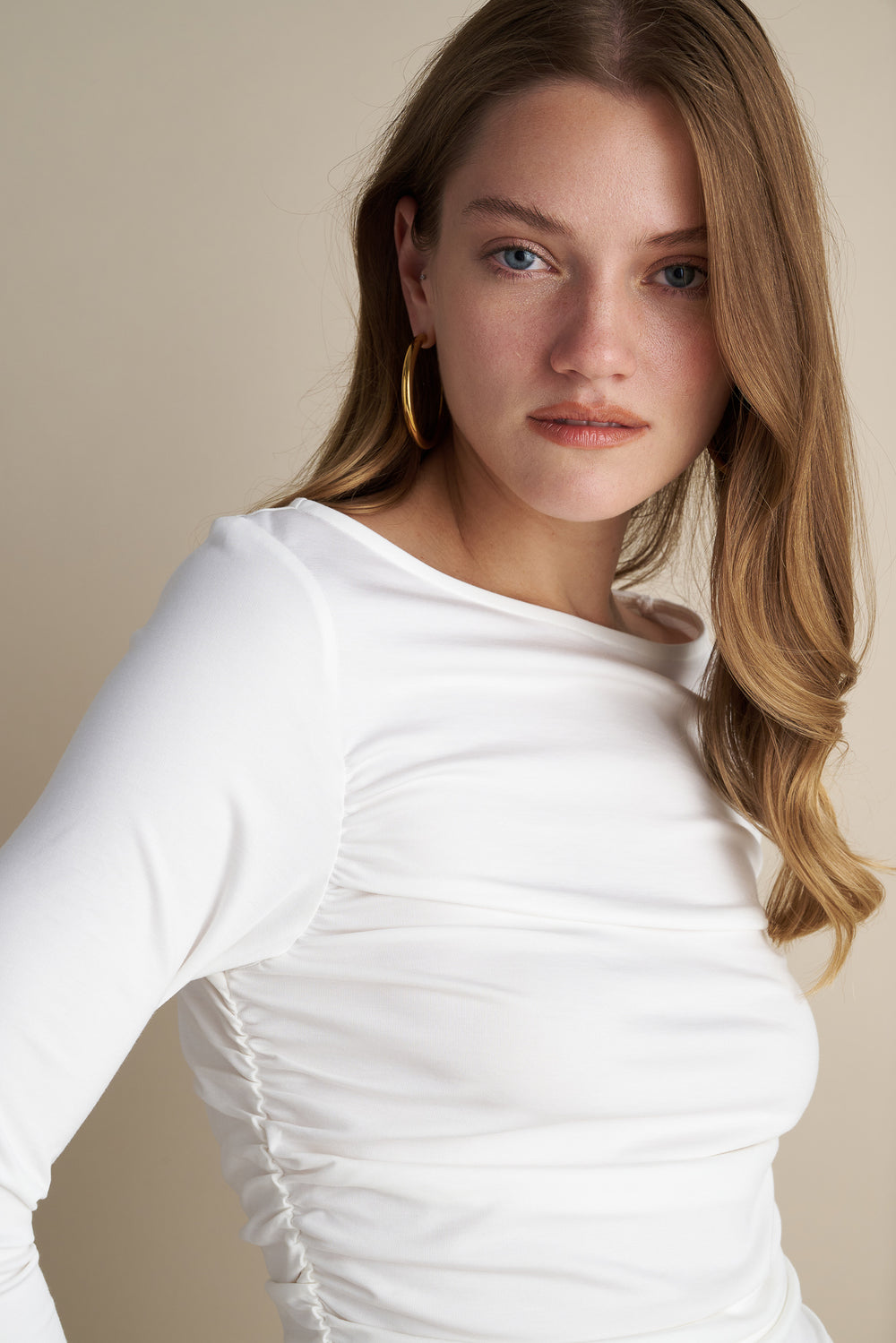 Long Sleeve Top With Side Rushed Details White