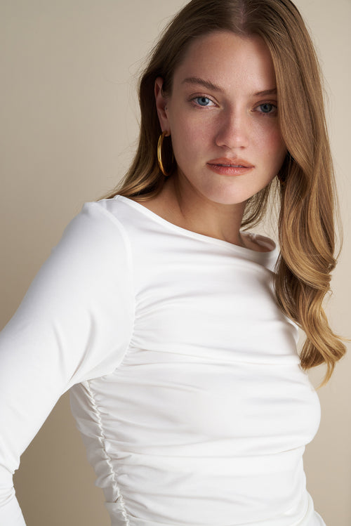 Long Sleeve Top With Side Rushed Details White