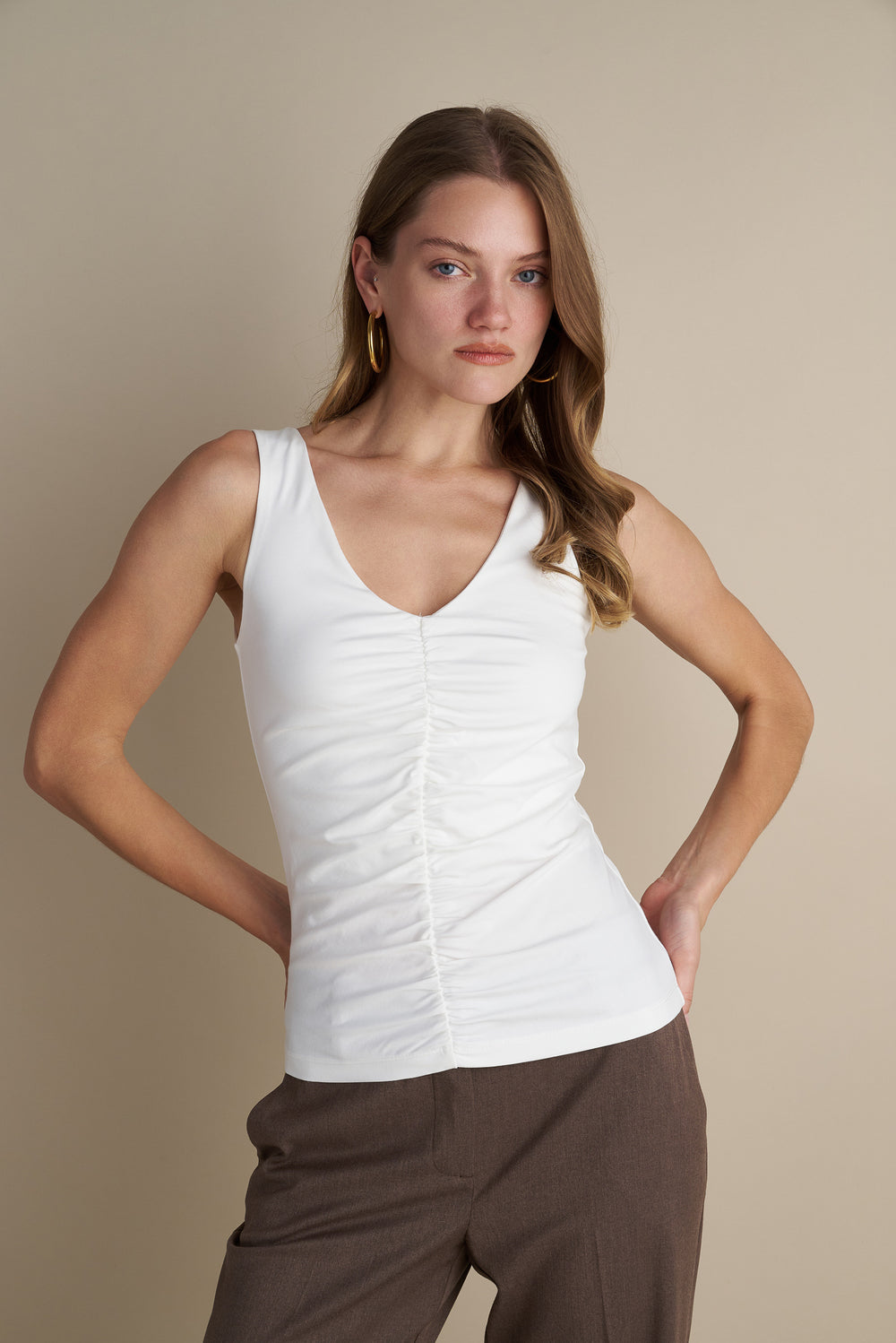 Sleeveless V-Neck Top With Rushed Center Design White
