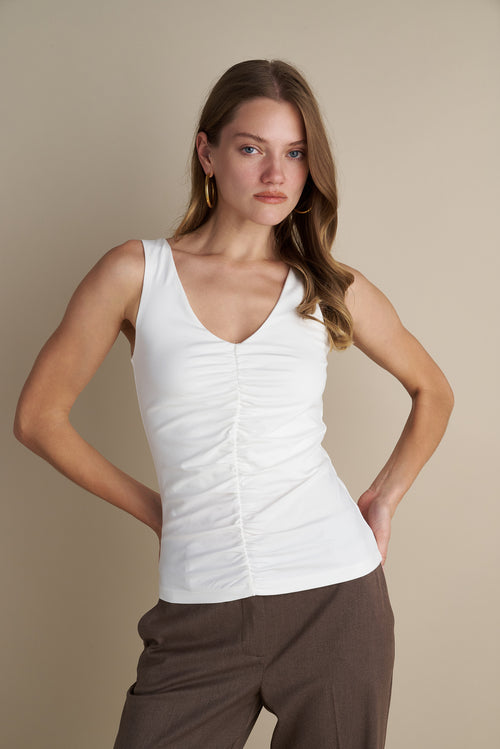 Sleeveless V-Neck Top With Rushed Center Design White