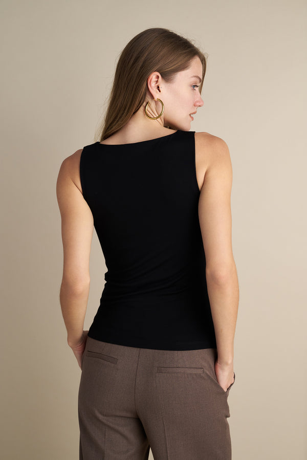 Sleeveless V-Neck Top With Rushed Center Design Black