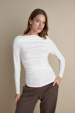 Long Sleeve Top With Pleat Neckline Details White