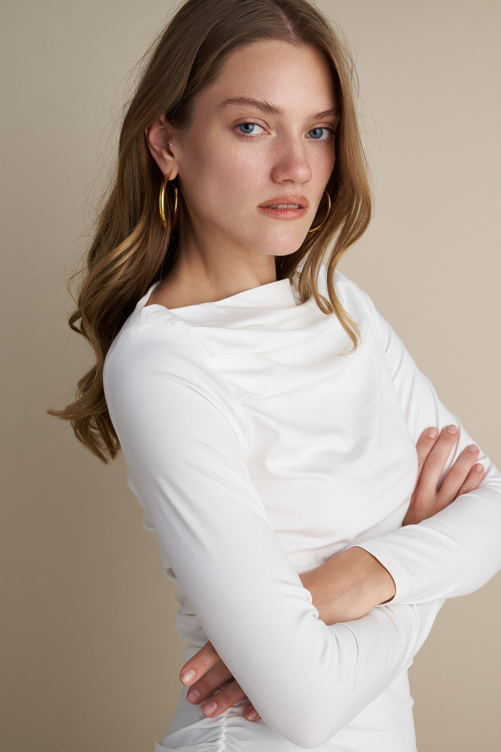 Long Sleeve Top With Pleat Neckline Details White