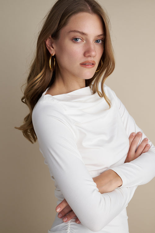 Long Sleeve Top With Pleat Neckline Details White