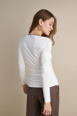Long Sleeve Top With Pleat Neckline Details White