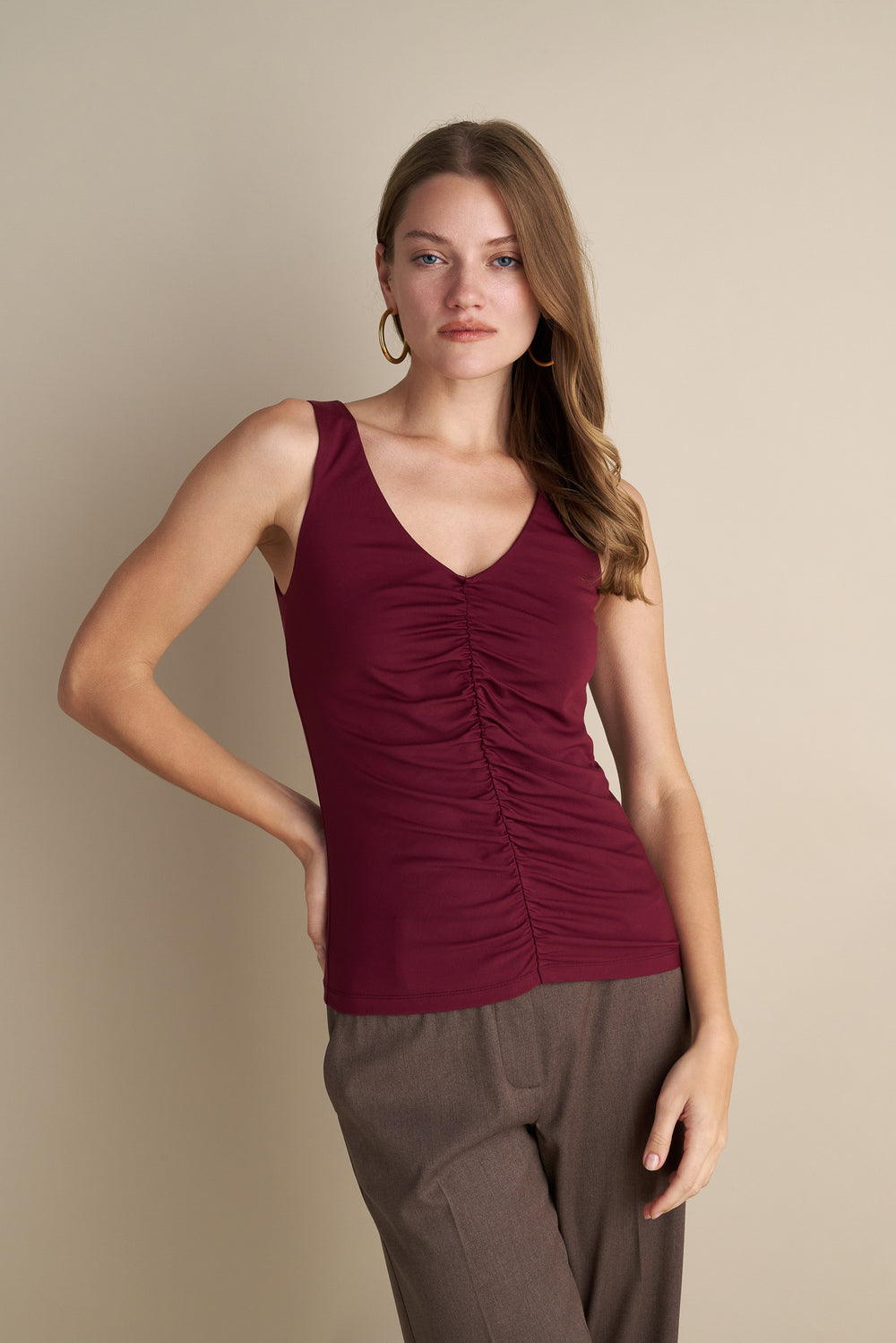 Sleeveless V-Neck Top With Rushed Center Design Burgundy