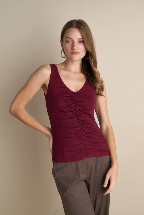 Sleeveless V-Neck Top With Rushed Center Design Burgundy