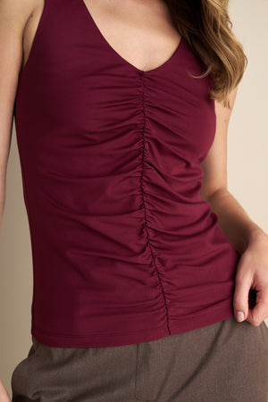 Sleeveless V-Neck Top With Rushed Center Design Burgundy