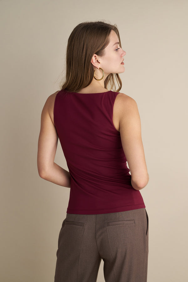 Sleeveless V-Neck Top With Rushed Center Design Burgundy