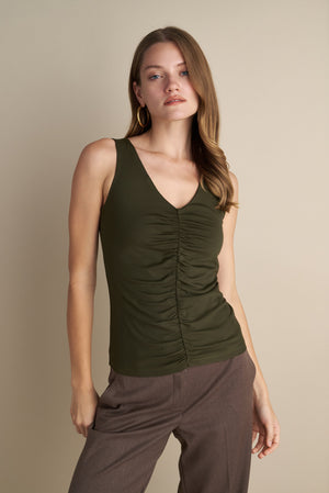 Sleeveless V-Neck Top With Rushed Center Design Olive