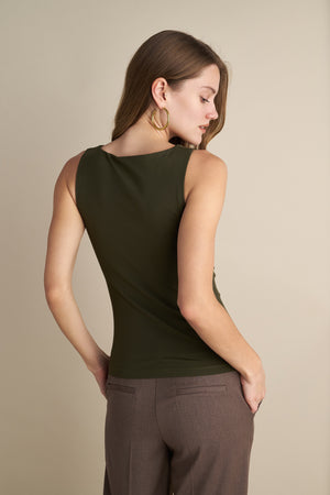 Sleeveless V-Neck Top With Rushed Center Design Olive