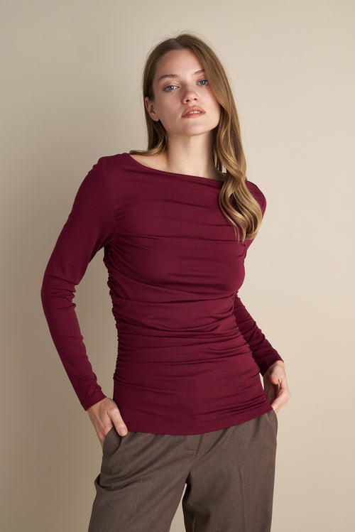 Long Sleeve Top With Side Rushed Details Burgundy